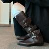 Cowhide version~ Brown boots Femininity pointed V-mouth thin belt buckle but knee high thick heel knight boots