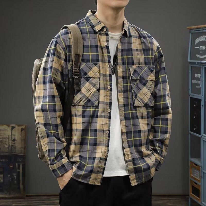 Мужская клетчатая ретро-американская рубашка с лацканами и длинными рукавами M серый