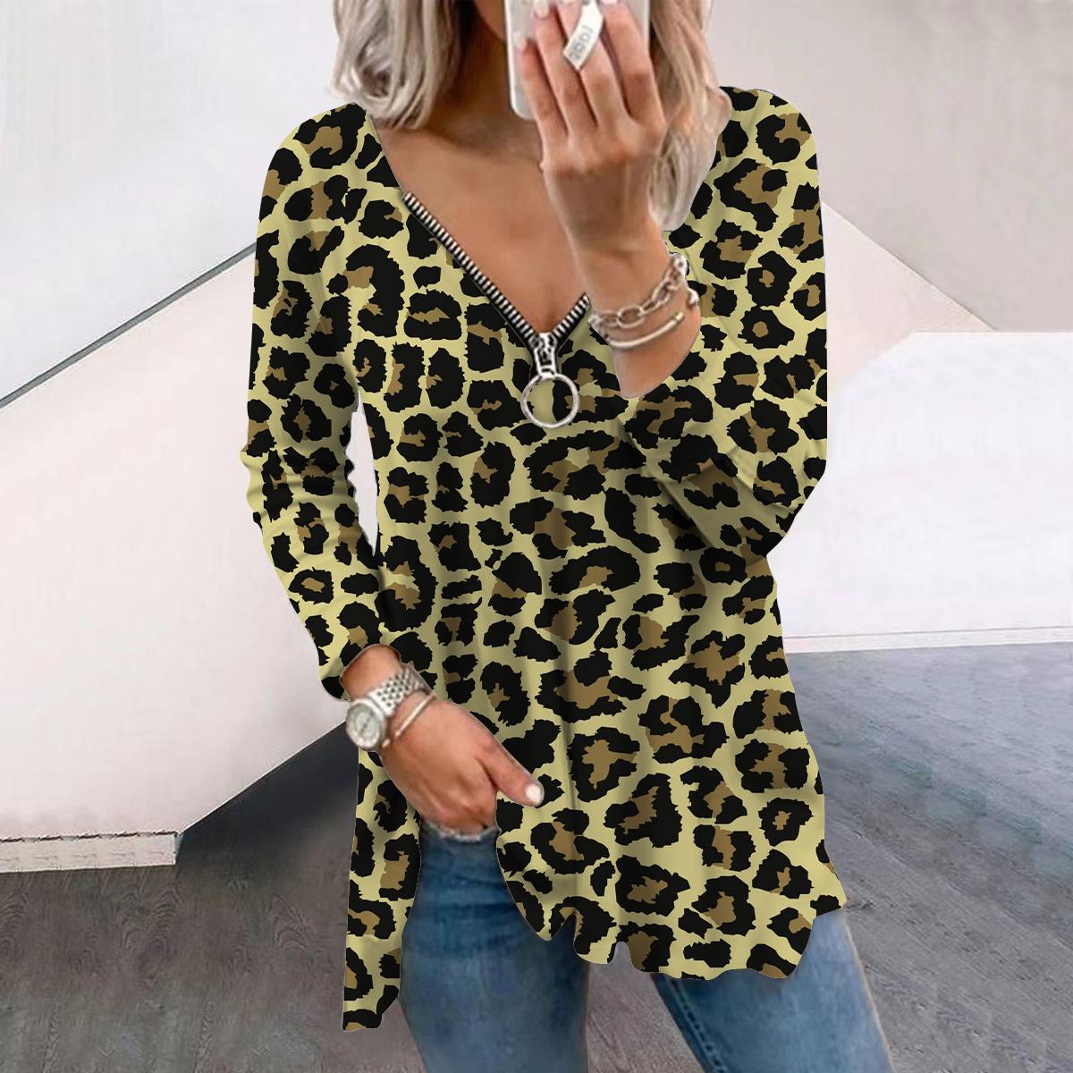 

Женские осенние креативные футболки с длинным рукавом с леопардовым принтом, свободные футболки больших размеров с V-образным вырезом, удобные блузки XL жёлтый