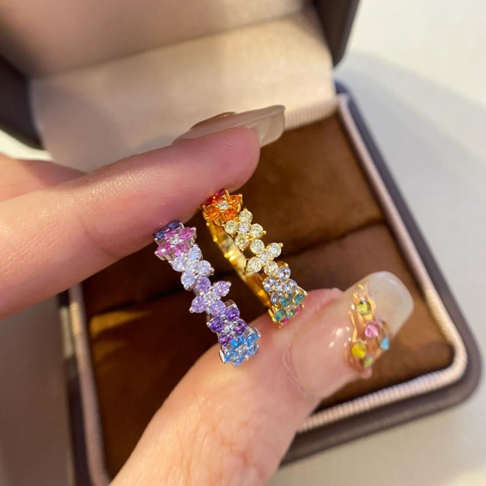 Retro Four Leaf Clover Ring Colorful Gemstone Baroque Style Stackable Band French Luxury Jewelry