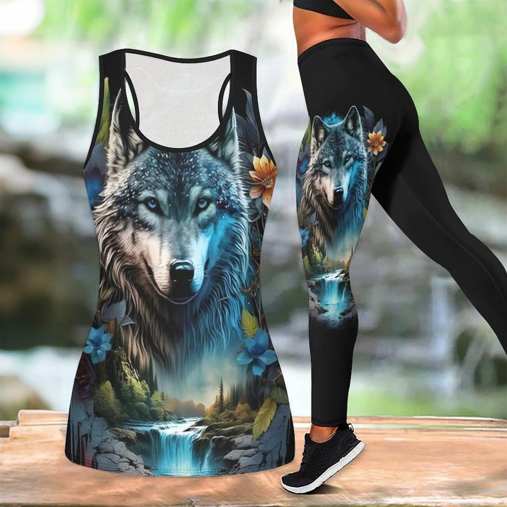 Wolf Totem Print Yoga Outfit for Women Fashion Workout Leggings Fitness Sports Casual Yoga Set Sports Suit