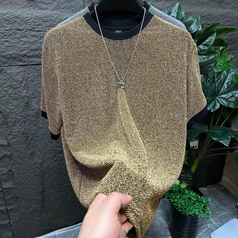 

Shiny Silk Men O Neck Short Sleeve T Shirt Summer Fashion Hip Hop Punk All-match 2xl Oversize Streetwear Golden Silver Party Bar 3XL золотий