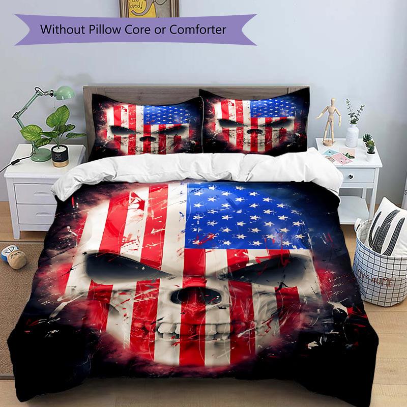 3pcs bedding set Patriotic Skull Includes 1 Comforter + 2 Pillowcases, Without Pillow Inserts, Soft Comfortable, Lightweight Breathable, Pri
