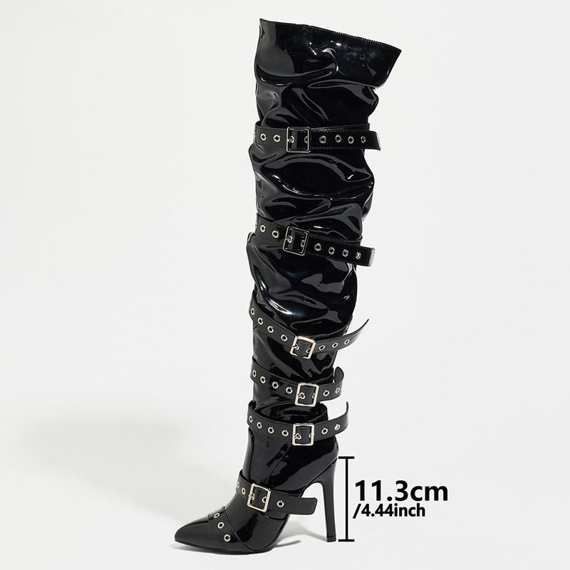 Autumn Winter Patent Leather Rivet Women Over the knee Boots Belt Strap Buckle High heels Thigh High Long Boots Shoes 42 6759₽