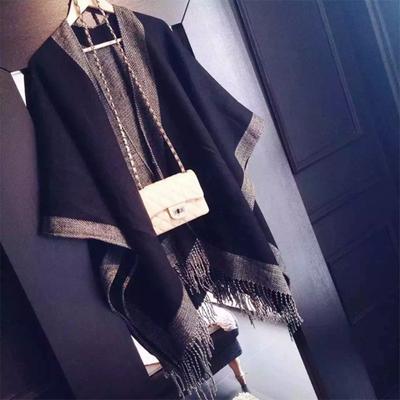 Women Faux Cashmere Tassel Shawl Black Gray Solid Winter Autumn Scarf