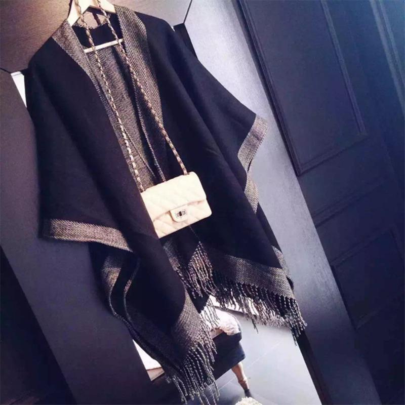 Women Faux Cashmere Tassel Shawl Black Gray Solid Winter Autumn Scarf