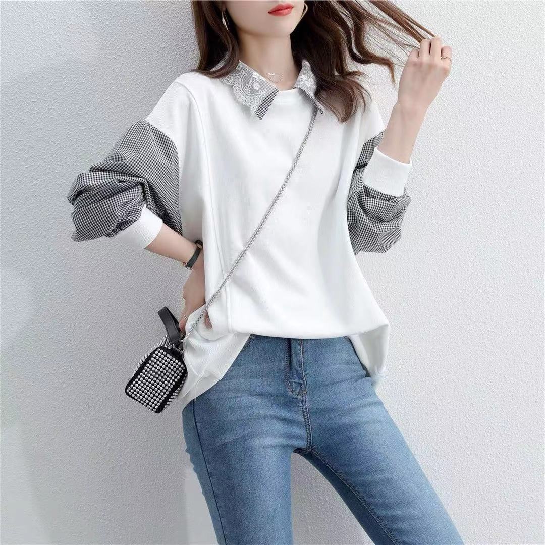 

Новая женская толстовка, модный хлопок, весна-осень, тонкий кукольный воротник, поддельный двухсекционный свободный свитшот с длинным рукавом L