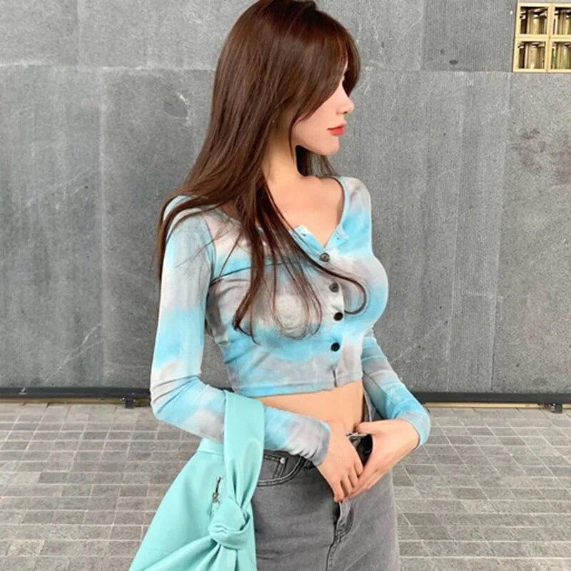Women's Tie-dyed O-Neck Button Casual  Navel Exposed Long-Sleeved Cardigan Tops