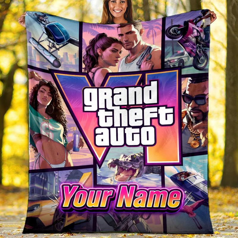 1pc Personalized Name GTA Theme Blanket - Digital Print, Polyester, Cozy for All Seasons, Perfect for Outdoor, and Travel