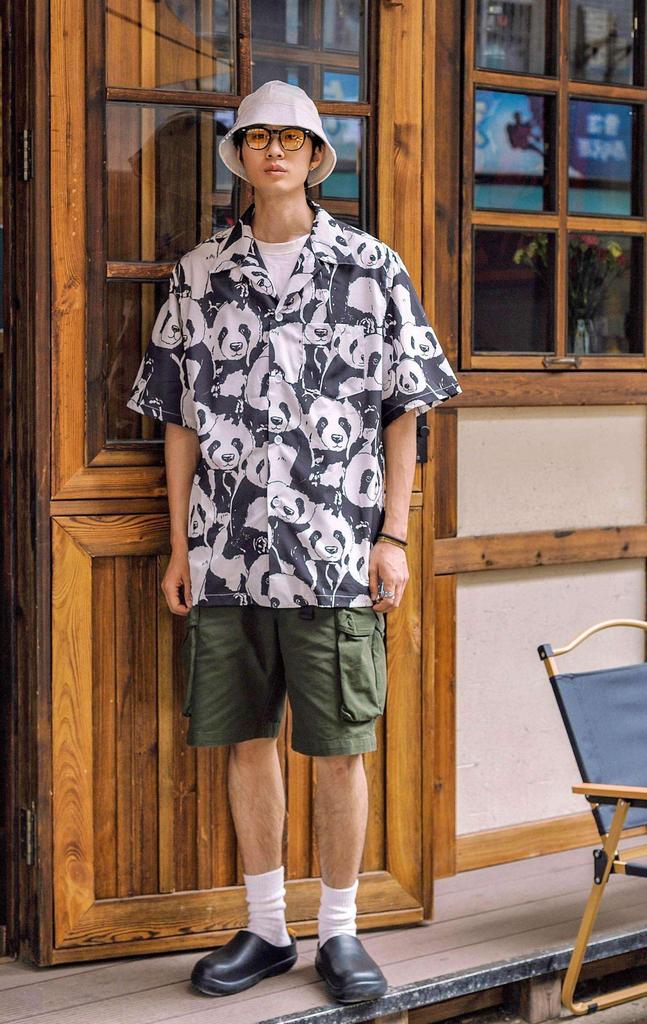 CHANGE WELL 2023SS Fashion Summer Panda Print Print Casual Short Sleeve Aloha Shirt Men's Open-Collar All-Over Loose-Fit (White, XL)