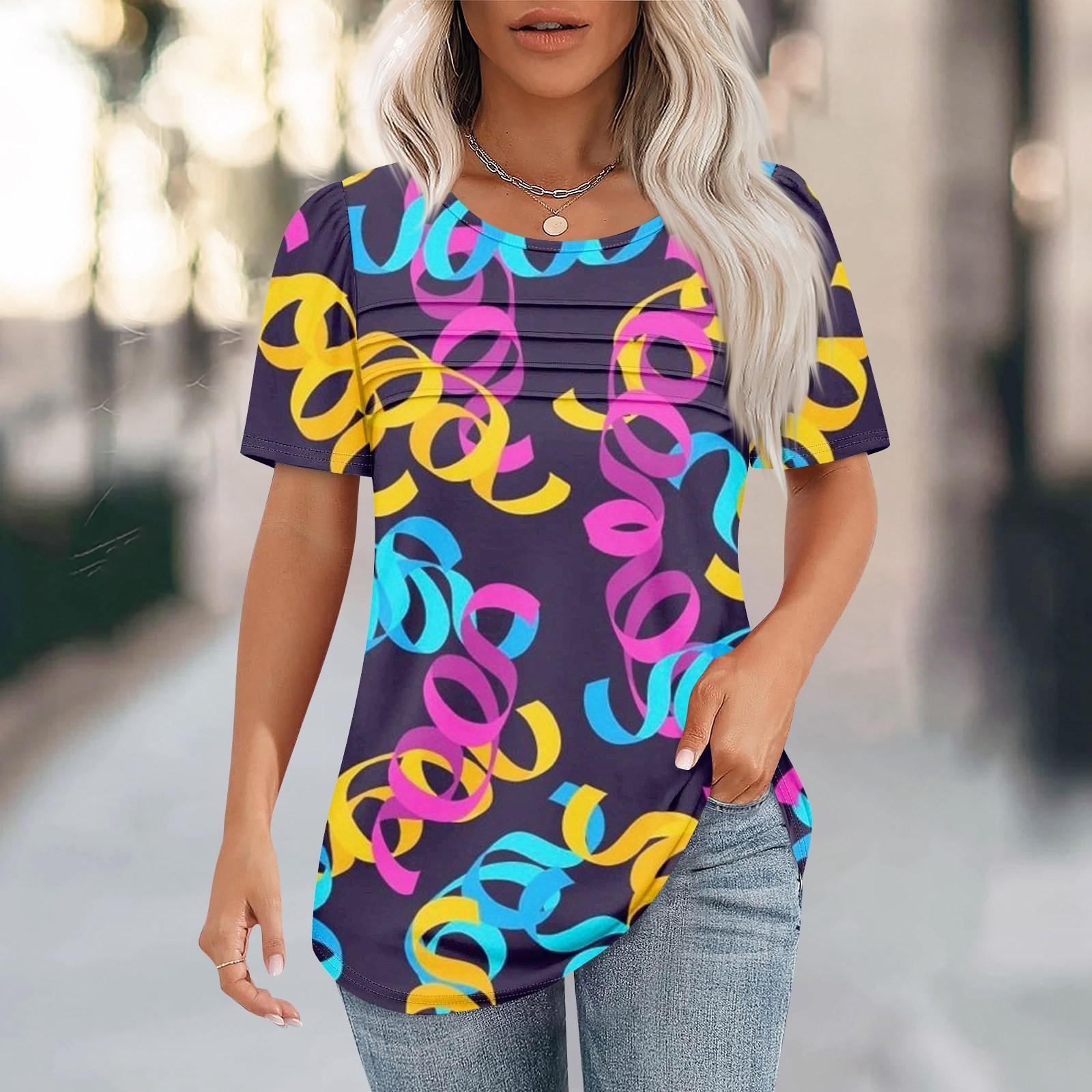 

Women s Carnival Mask Print Short Sleeve Loose Round Neck Pleated Top M