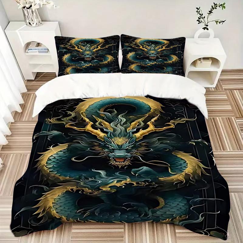 3pcs Dragon Fantasy Anime Cartoon Design Comforter Set with 1 Quilt Cover and 2 Pillowcases (No Core), Home Decor, Festival Gift, Polyester Fabric