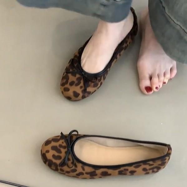 Sheepskin Version~ Genuine Leather French Flat-bottomed Leopard Print Bow One-pedal Shallow Mouth Single Shoes Women's Round Head Evening Shoes