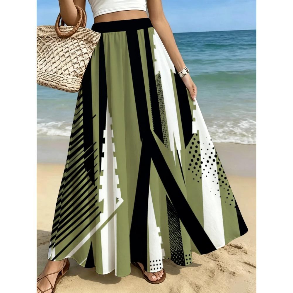 Orange-Yellow Line Interwoven Abstract Pattern Skirt, Summer Casual Vacation Style