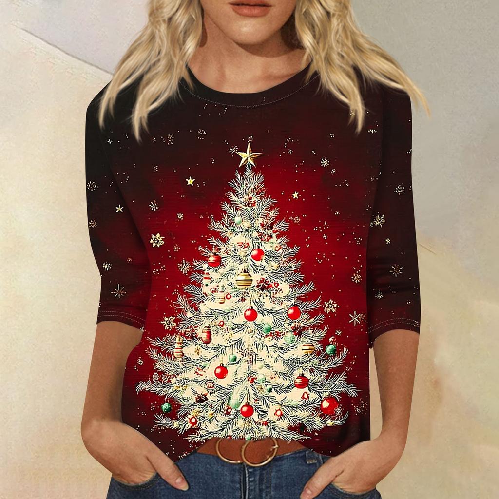 Women's Fashion Casual Round Neck 3/4 Sleeve Loose  Printed T-Shirt Ladies Top