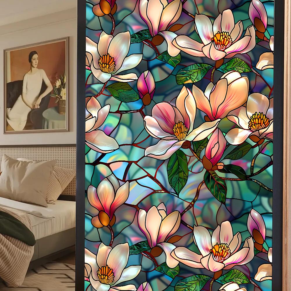 Fólie na okna, samolepky na okna, umělecká krajina, vinylová fólie Magnolia na okna pro skleněná okna, vitrážová fólie pro domácnost a koupelnu