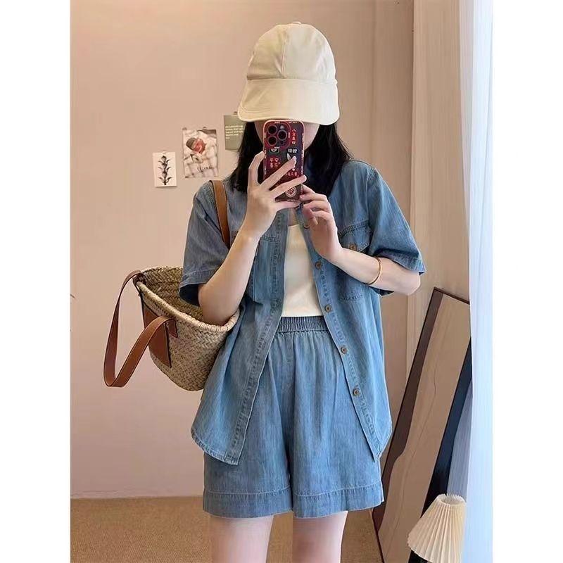 Spring/Summer 2026 Youthful Slimming Outfit Set: Petite to Plus-Size Women's Denim Shorts Two-Piece
