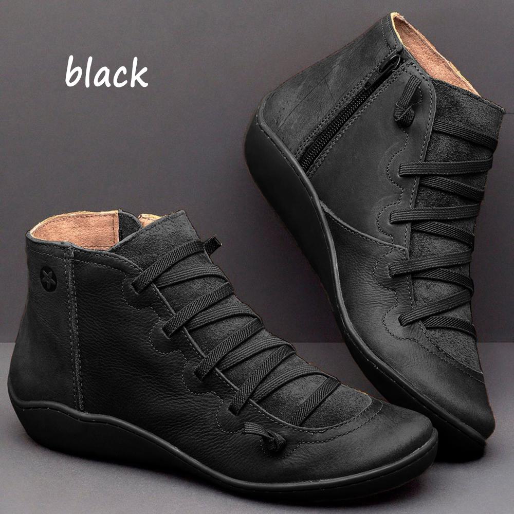 Buy Women's Winter Casual Bandage Weaving Leather Boots Solid Flat Heel