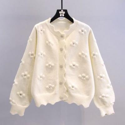 Frühling und Herbst neuer frischer und süßer Stil Mode unregelmäßige Strickjacke Spitzenkragen dreidimensionale Perlen kleine Blume Pullover Jacke Damen