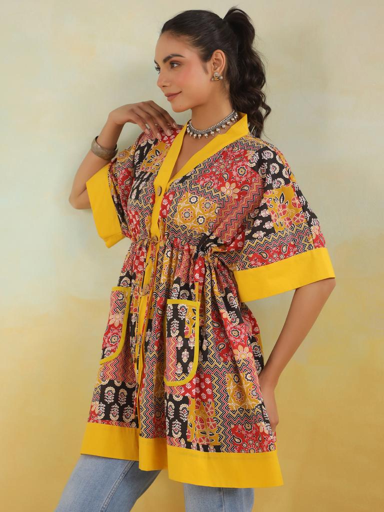 Red & Yellow Patchwork Printed One Size Kaftan Top