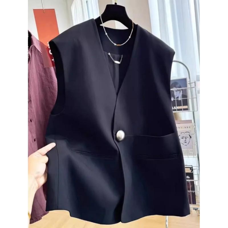 

Women s Spring/Fall V-Neck Outerwear: Elegant Sleeveless Blazer Vest with Minimalist Design for Commuting 2XL