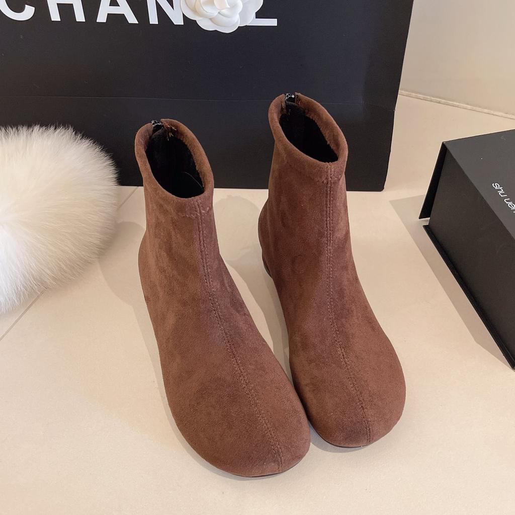 Ankle Boots Skinny Retro Martin Boots Women'S Round Head Suede Single Boots Thick Heel Short Boots Skinny Boots