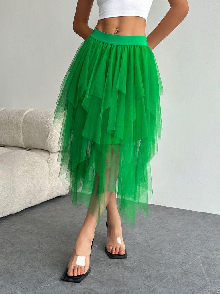 Unregelmäßiger Mesh High Waist Tüll Midi-Rock für Damen - Frühjahrsankunft 2025