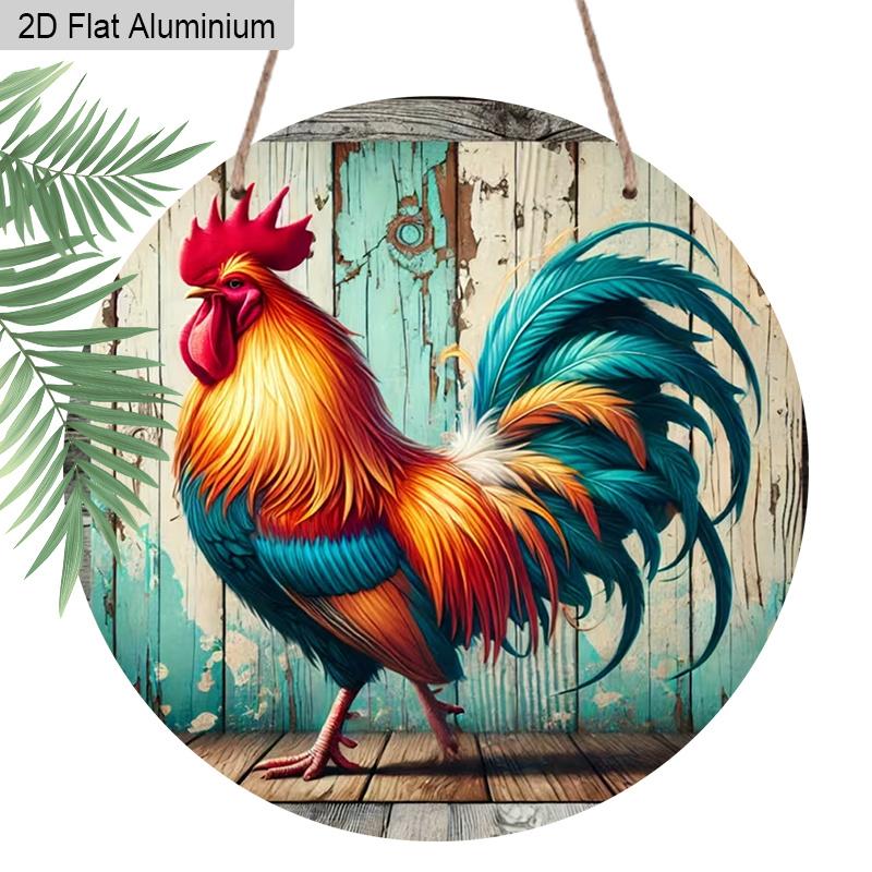 

2D Flat Aluminum Vintage Rooster Metal Round Metal Sign, Man Cave Wall Art Sign for Front Door, Garden Accessories & Meditation Room Decor 1pc