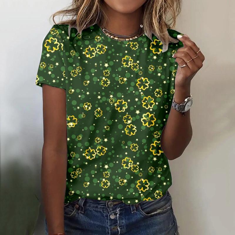 Summer Casual Clover 3D Printed Short Sleeved Round Neck T-shirt for Women