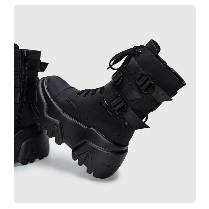 

Women Ankle Booties Autumn Leather Chunky Shoes Woman High Platform Breathable Sneakers 9CM Thick Sole Wedges Motorcycles Boots 35 чёрный