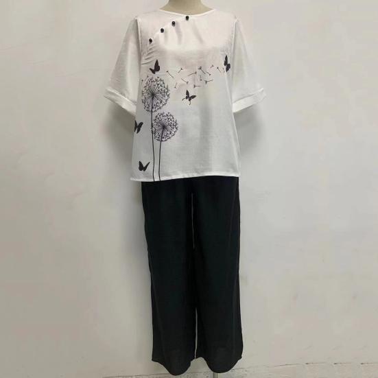 Elastic Waistband Top Pants Set Trendy Crew Neck Dressing Up Women Floral Plaid Print Wide Leg Harem Outfit