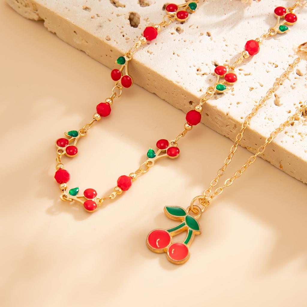 Sweet And Cool Wind Dripping Oil Cherry Fruit Bracelet Set, Simple Imitation Pearl Beaded Chain Jewelry