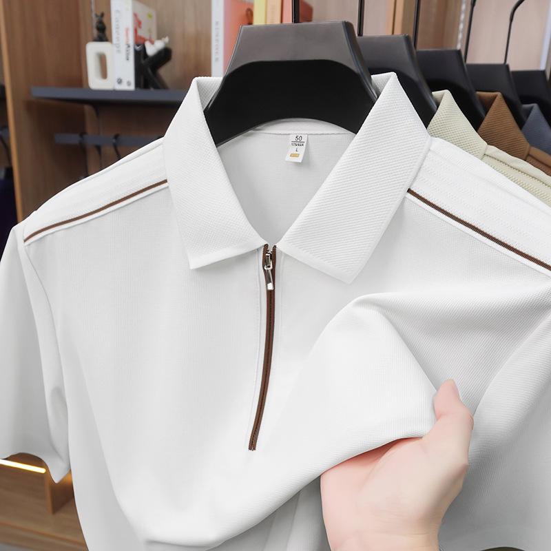 Jin An Men's Seamless Short-Sleeve Spliced Polo Shirt with Half-Zip and Split Hem