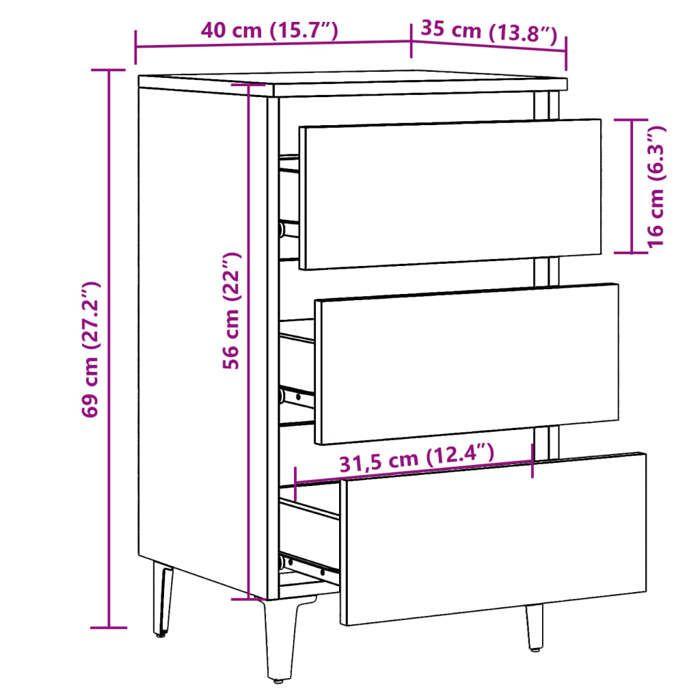 VidaXL Table de chevet avec pieds en métal chêne artisanal 40x35x69 cm, armoire de chevet, table de nuit, armoire latérale, 856426