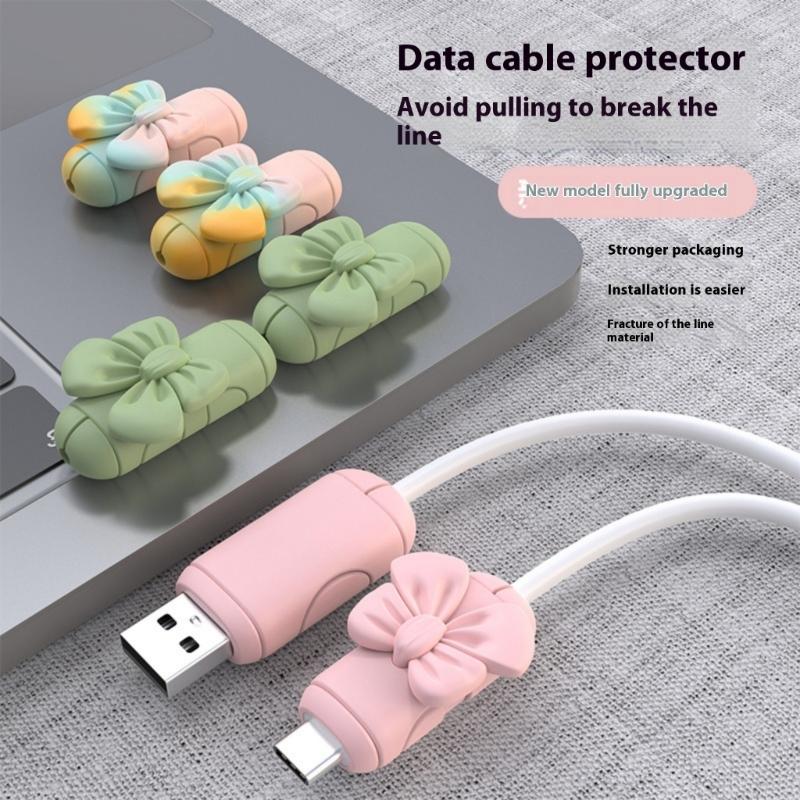 2 Pairs Silicone Charging Cable Protectors with Bowknot Design Fashionable Phone Accessories Wire End Guards for Cord