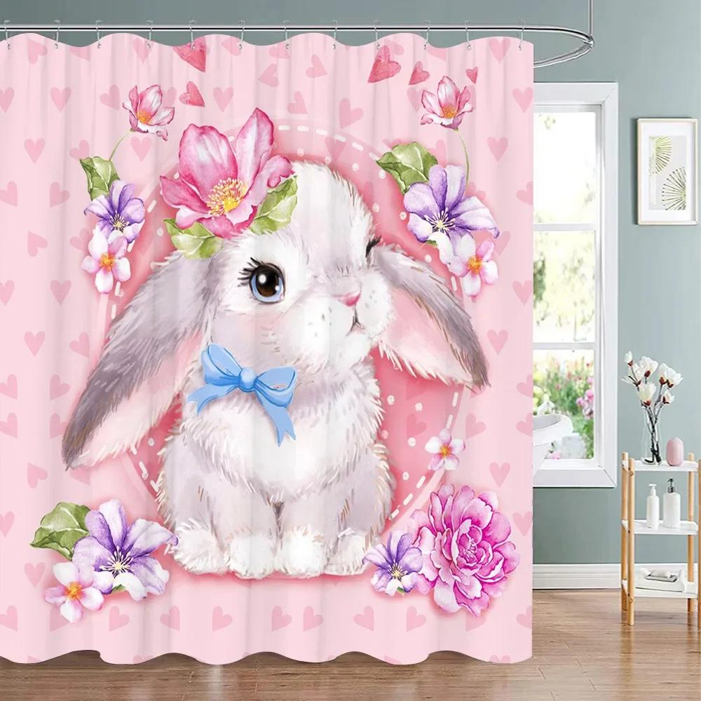 Happy Easter Bunny Shower Curtain Farm Truck Bunny Eggs Butterfly Elf Washable Polyester Fabric Hanging Curtains Bathroom Decor
