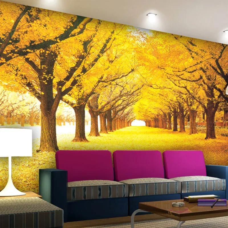 Landscape Natural Wallpaper Autumn Scenery Yellow Forests 3d Wall Mural Load Leaves Wall Paper For Living Room