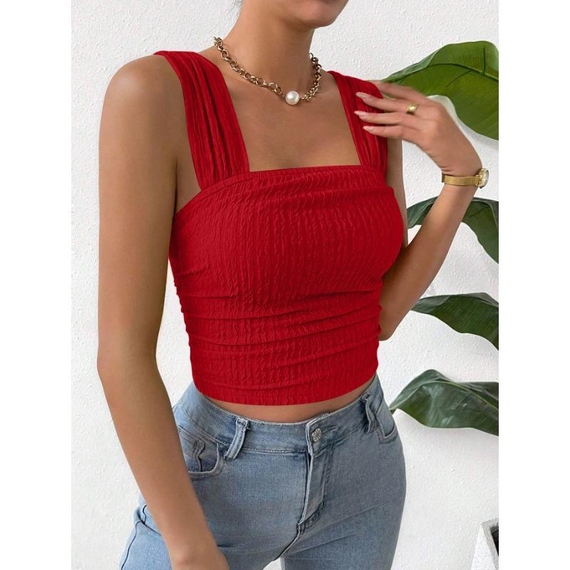 Women's Sleeveless Crop Top with Exposed Navel, Square Collar and Shoulder Strap Vest