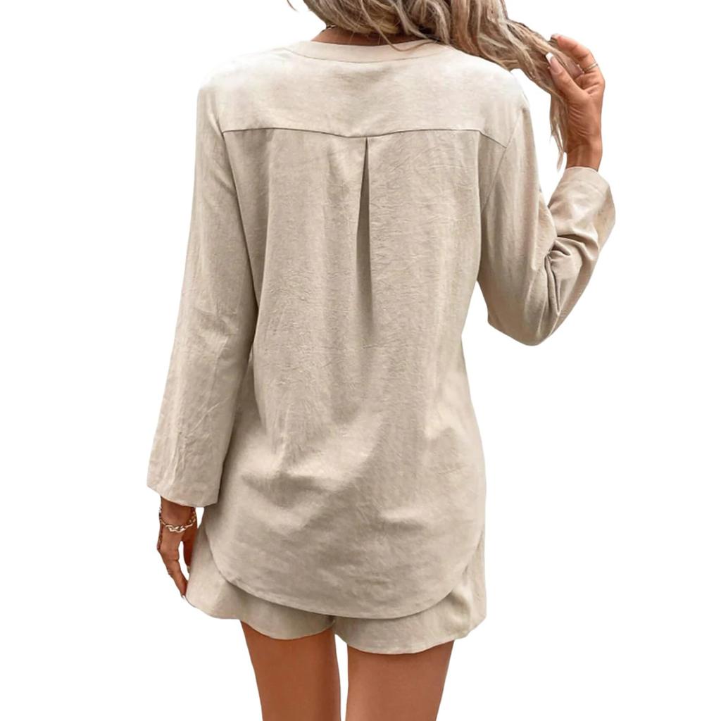 Women Fashion Casual 2 Piece Set V Neck Long Sleeve Shirts And Drawstring Shorts Sets