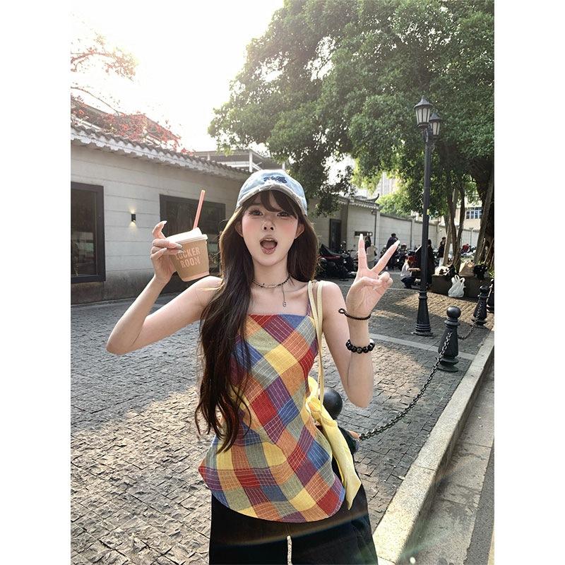 Sweet Spice Color Plaid Suspender Vest Women's Summer Irregular Waist Top