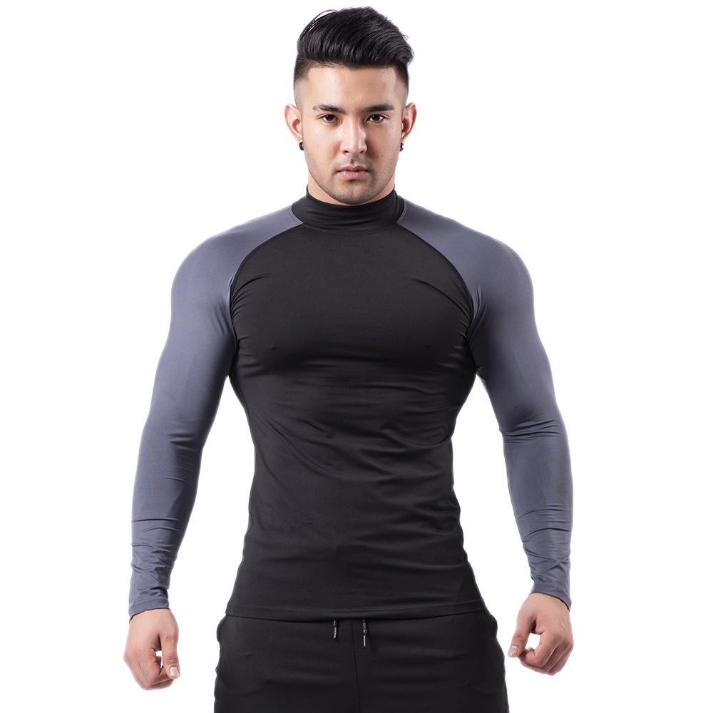 Men's Silk Grid High-Neck Performance T-Shirt - Elastic, Quick-Dry, Long-Sleeve for Autumn/Winter Running.