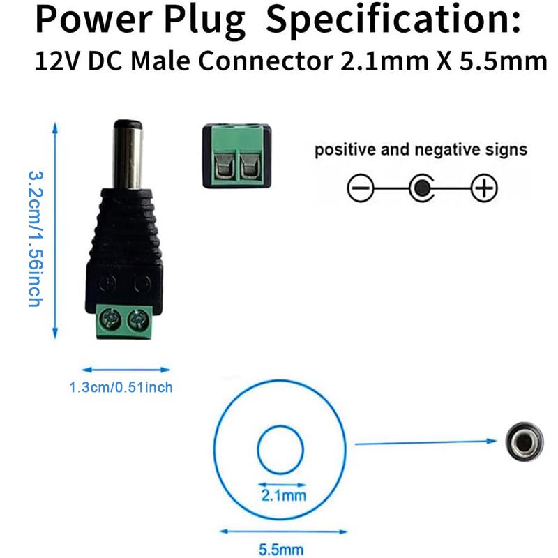 12V Power Connector 2.1mm X 5.5mm Plug Adapter DC Male Female Terminals For CCTV Cameras 5050 3528 Single Color LED Strp