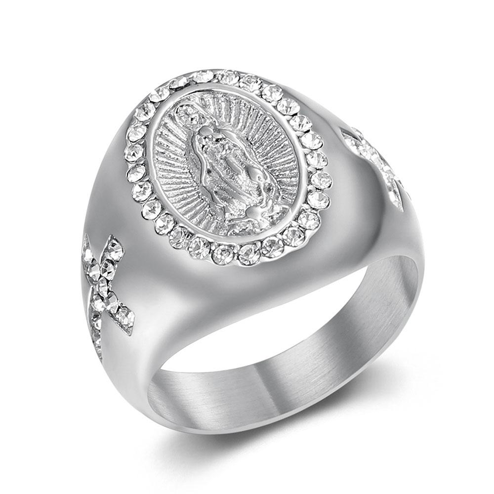 

Men s Gold Color Cubic Zirconia Our Lady of Guadalupe Virgin Mary Ring Religious Ring 7