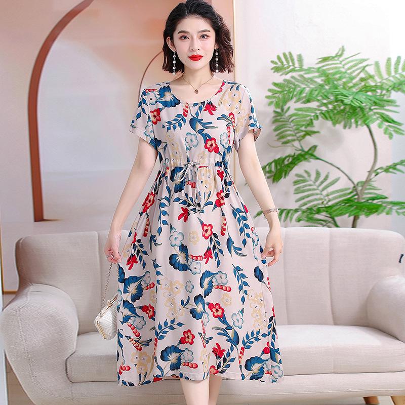 Elegant Floral Summer Dress for Women - Mid-Length, Loose Fit, Plus Size, Tummy Concealing, Cotton Silk Blend