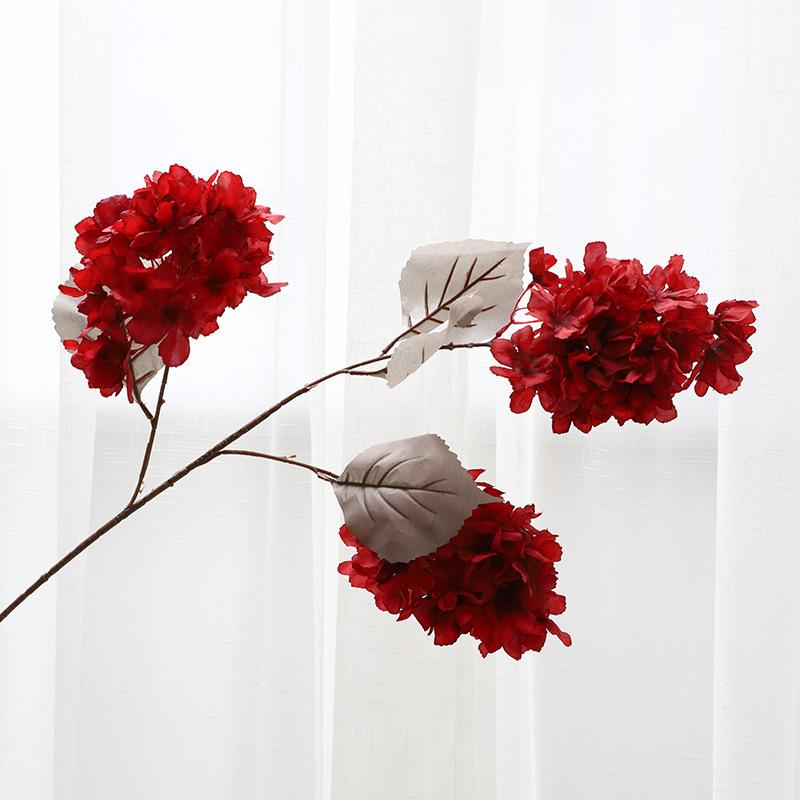 

Имитация гортензии, свадебное украшение для вестибюля отеля, искусственные цветы, 3 головки, большая гортензия, свадебные цветы-имитации красный