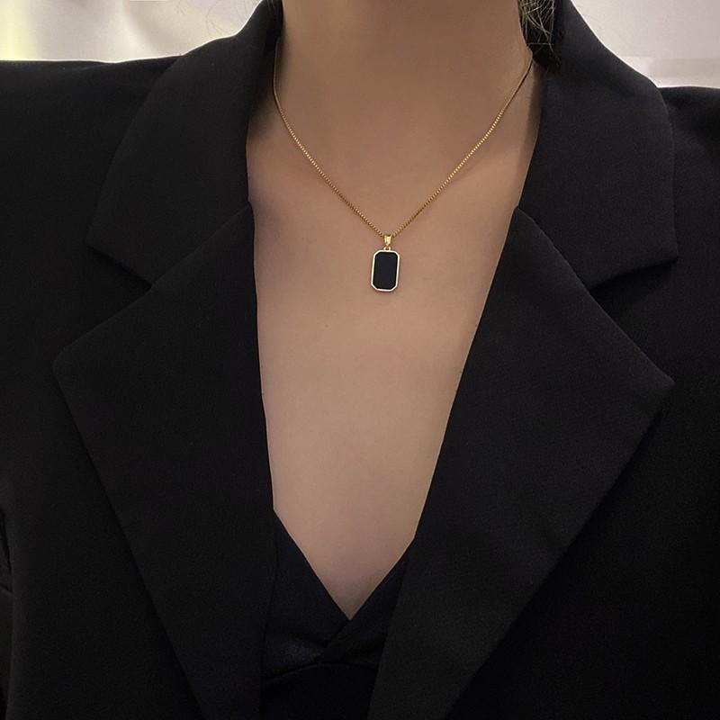 Square Black Pendant with Chain Stainless Steel Minimalist Necklace for Women Gold Color Plated Choker with Extender Jeweley