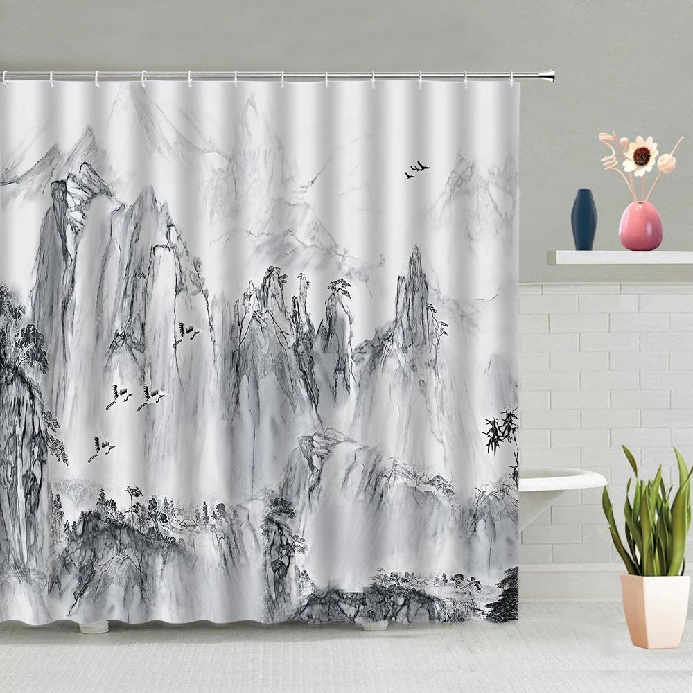 Chinese Style Ink Painting Shower Curtain Landscape Flower Tree Plant Boat Plum Living Room Background Wall Bathroom Screen Hook