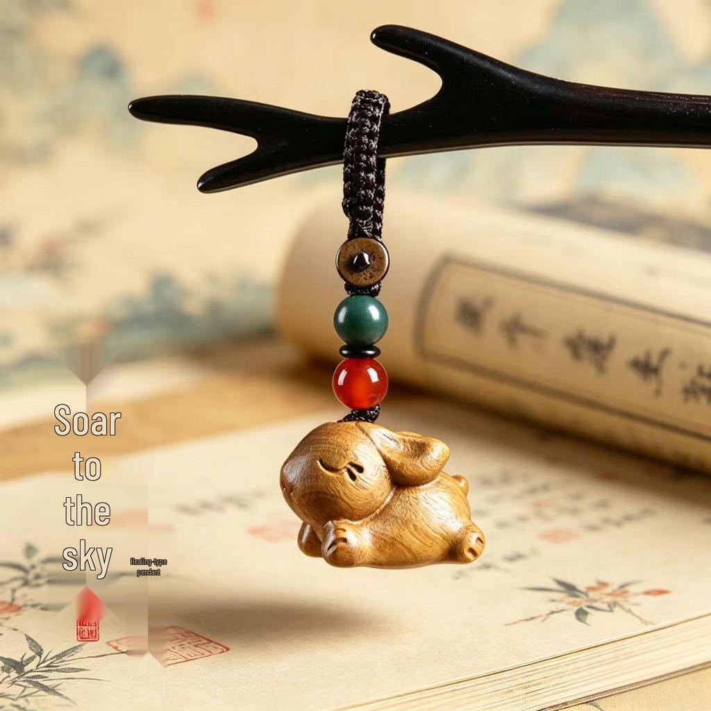 Sandalwood Year of the Rabbit Keychain - Women's Cute Rabbit Pendant for Schoolbag or Car Lanyard.