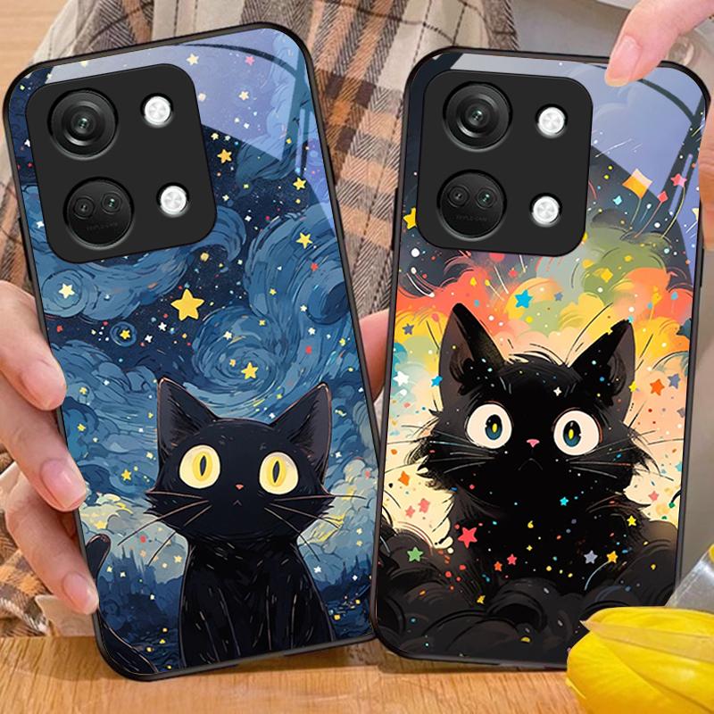 Cute Little Cat For OnePlus Nord 3 5 6T 7 Pro 8 12 10T Reno8 Lite 5G 10R Nord N30 Hard Shell Tempered Glass Phone Case Black