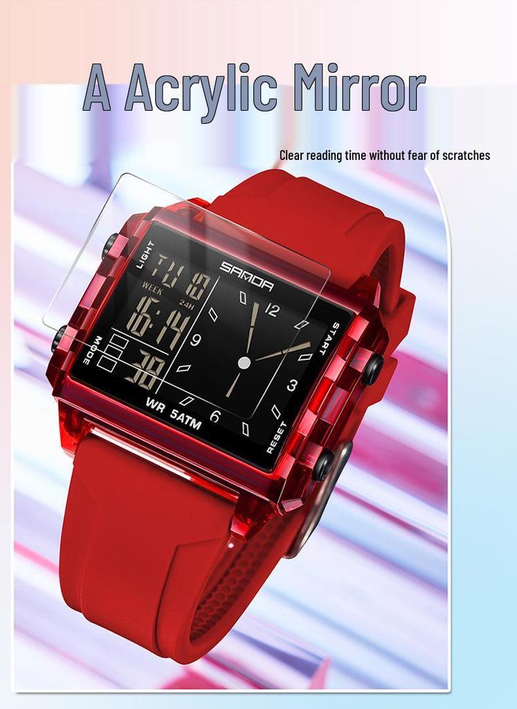 Sanda Men's & Women's Fashionable Dual Time Large Square Dial Luminous Waterproof Watch